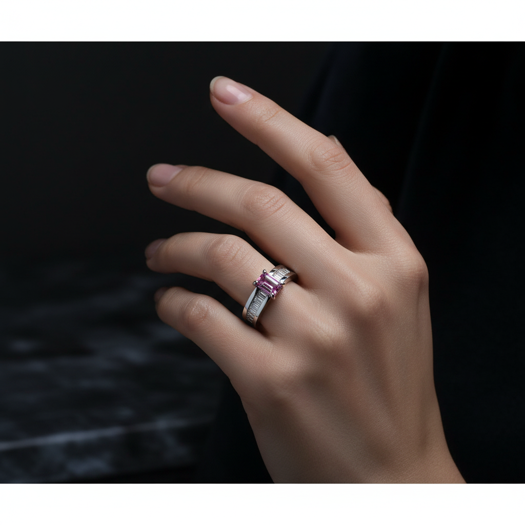 14k white gold pink sapphire baguette diamond ring worn on hand
