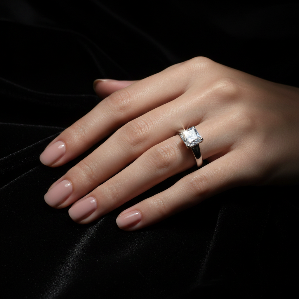 14k white gold princess cut diamond solitaire ring worn on hand