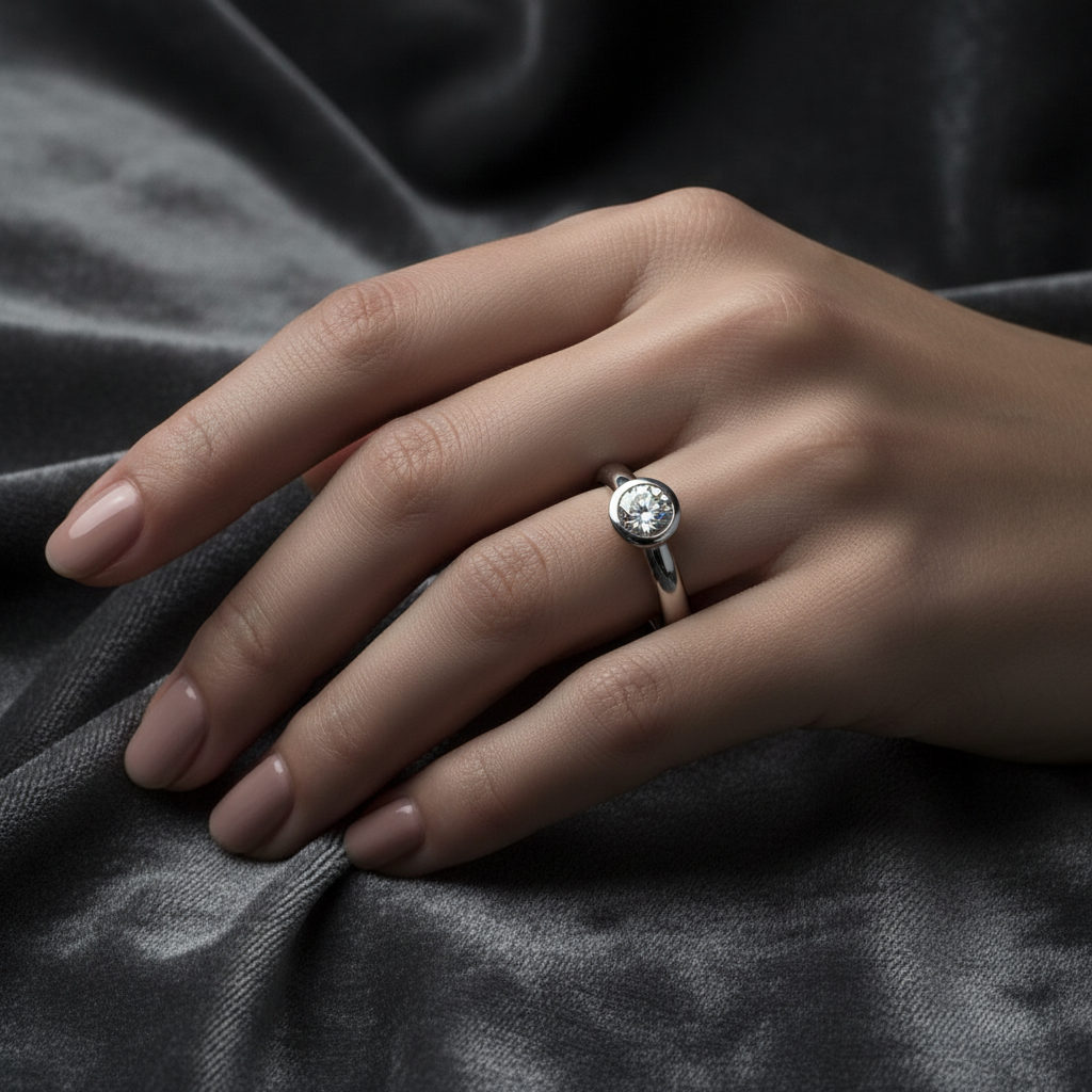 14k white gold round bezel solitaire diamond ring worn on hand