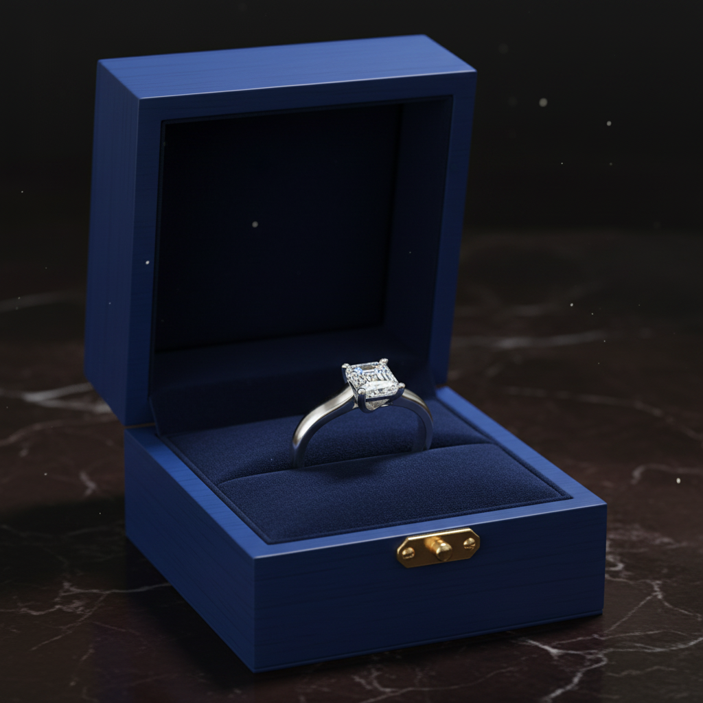 14k white gold Asscher-cut diamond solitaire ring in royal blue wooden jewelry box