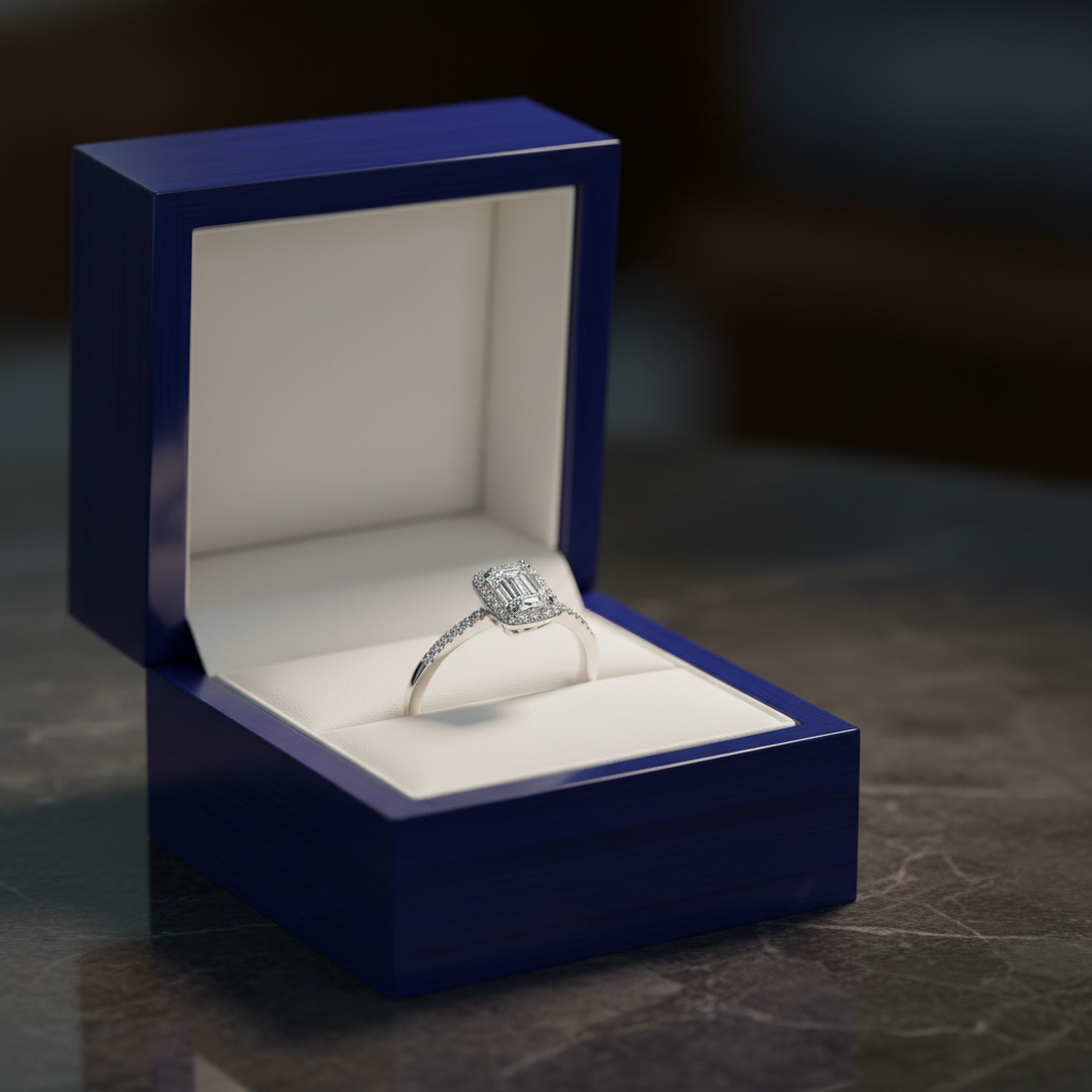 14K Lab-Grown Diamond Engagement Ring in royal blue jewelry box