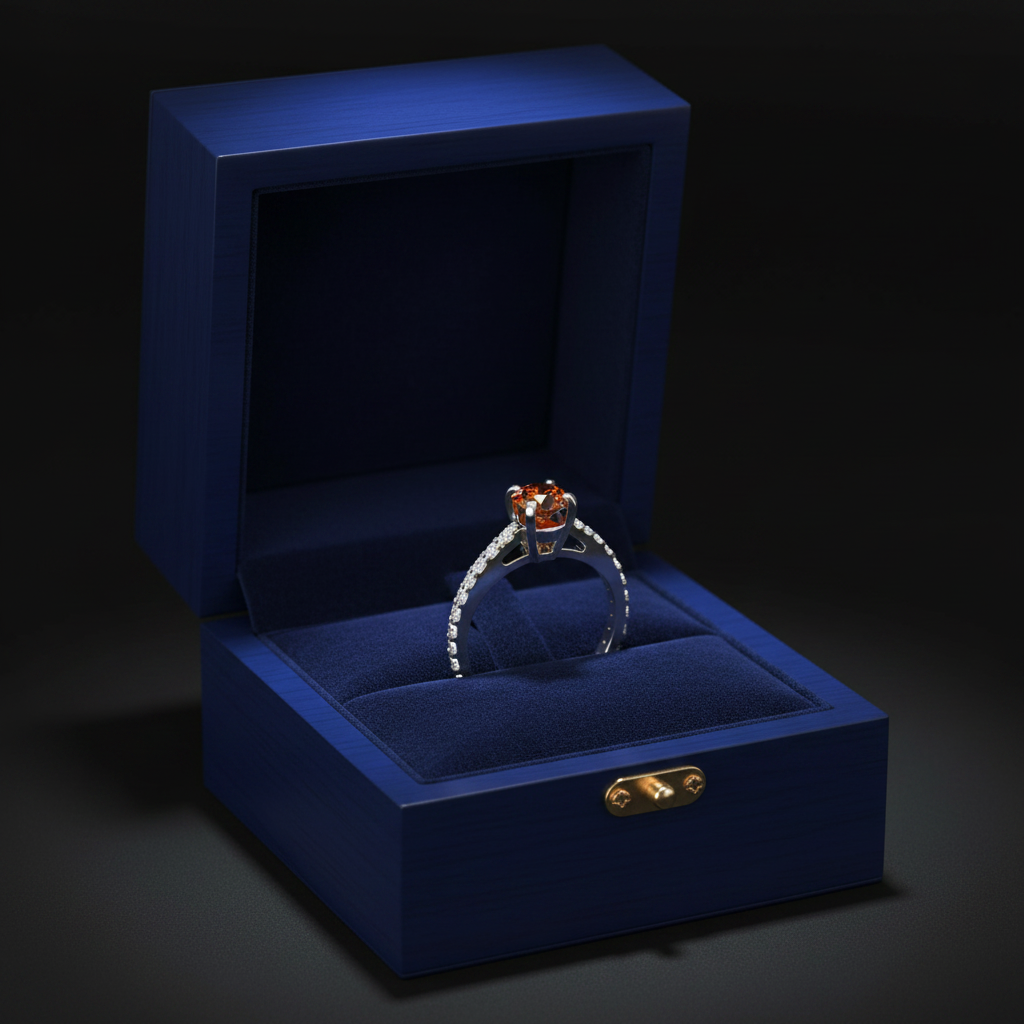 14k gold orange cognac solitaire diamond ring with 0.65 carats total weight, featuring a prominent central diamond and elegant band.