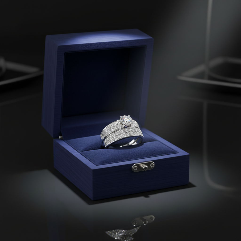 14k white gold lab-grown diamond bridal set in royal blue wooden jewelry box