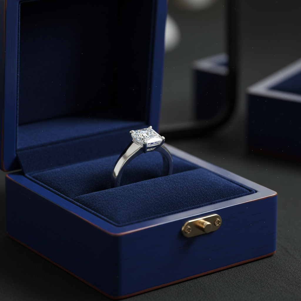 14k white gold princess cut diamond solitaire ring in royal blue wooden jewelry box