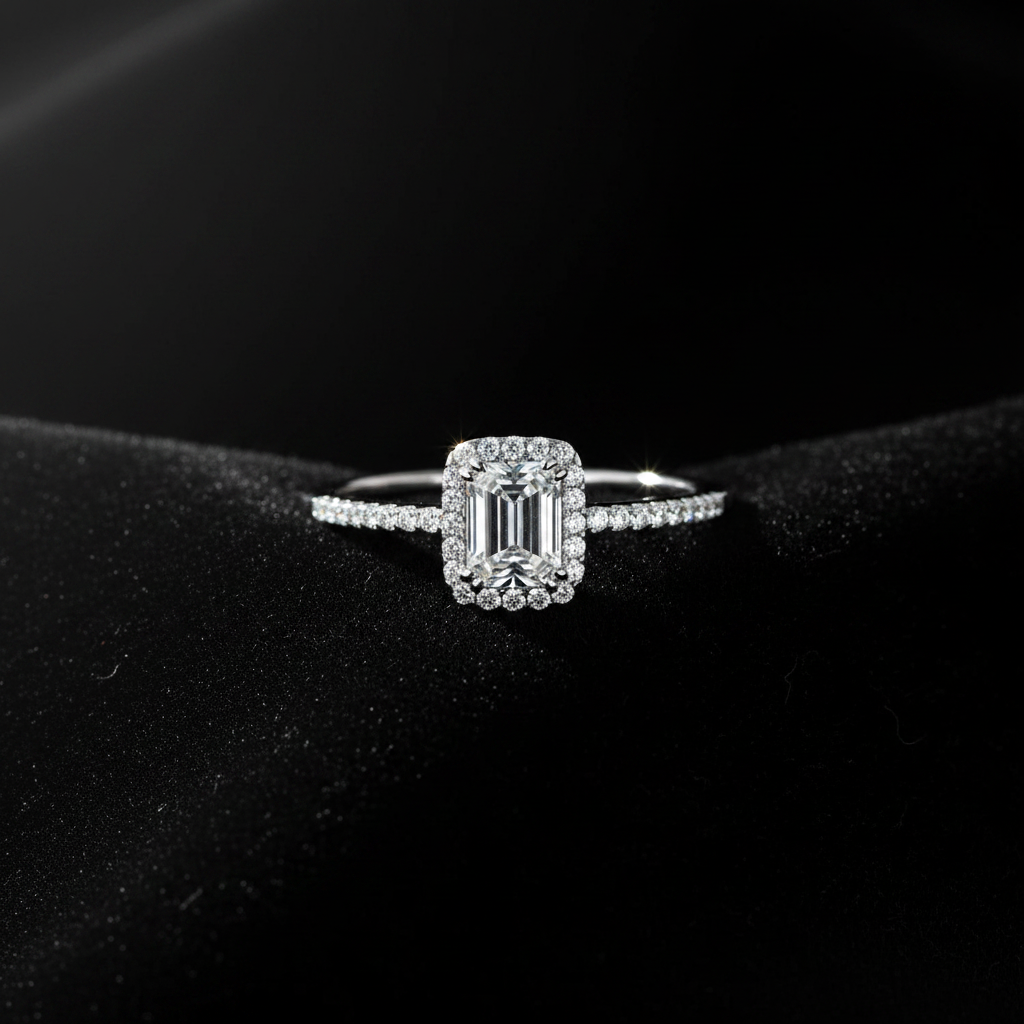 14K Lab-Grown Diamond Engagement Ring flat lay on velvet