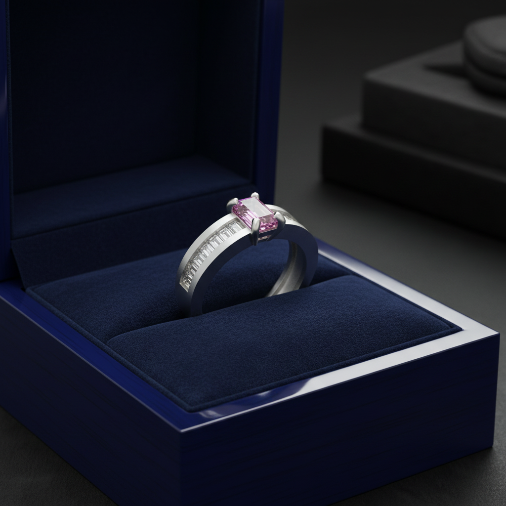 14k white gold pink sapphire baguette diamond ring in royal blue wooden jewelry box