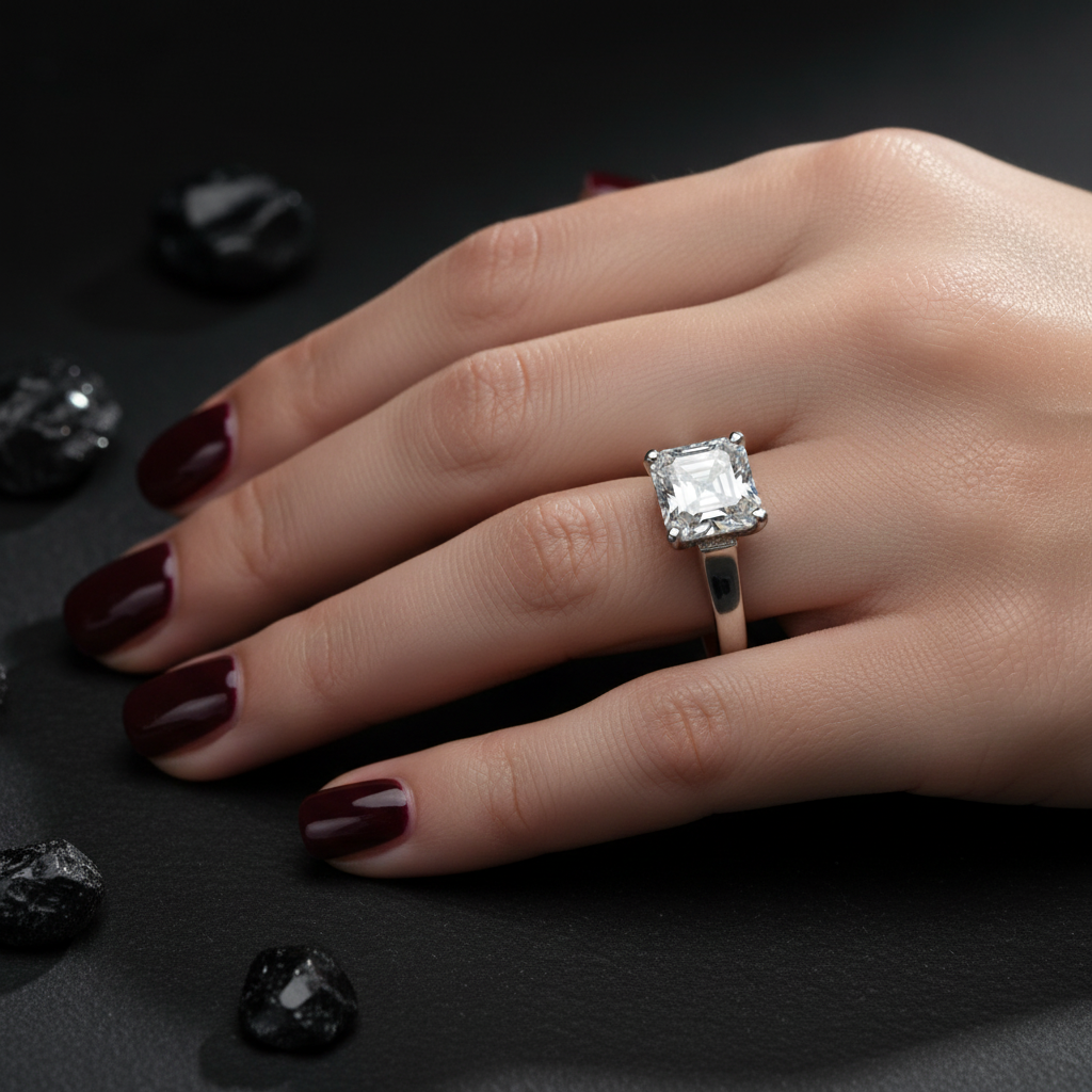 14k white gold Asscher-cut diamond solitaire ring worn on hand