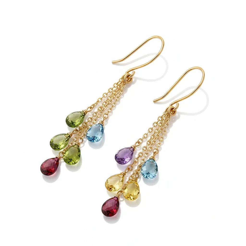 14k gold gemstone dangle earrings with briolette stones, featuring sparkling 12.30 carats total weight, by JewelryNest.