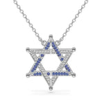 14k gold lab-grown diamond and sapphire Star of David necklace with 0.60 ct.tw, featuring sparkling gemstones and intricate design.