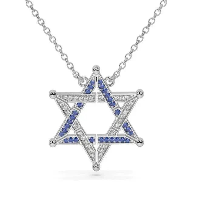 Star of David necklace with blue stones on a white background