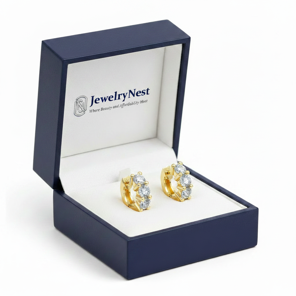 JewelryNest Diamond Huggie Earrings in Royal Blue Wooden Box