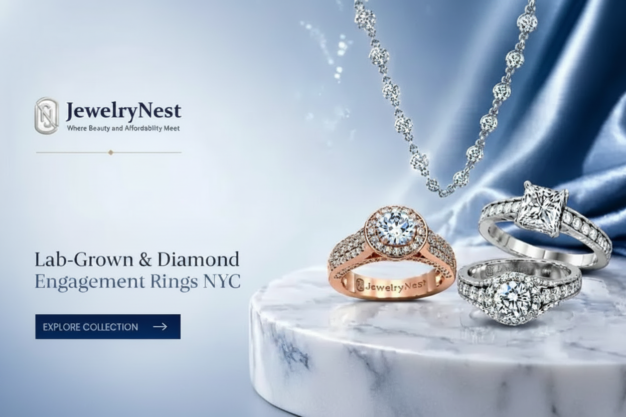 JewelryNest advertisement showcasing several lab-grown diamond engagement rings in rose gold and silver, alongside a diamond necklace, set against a blue satin and marble background.