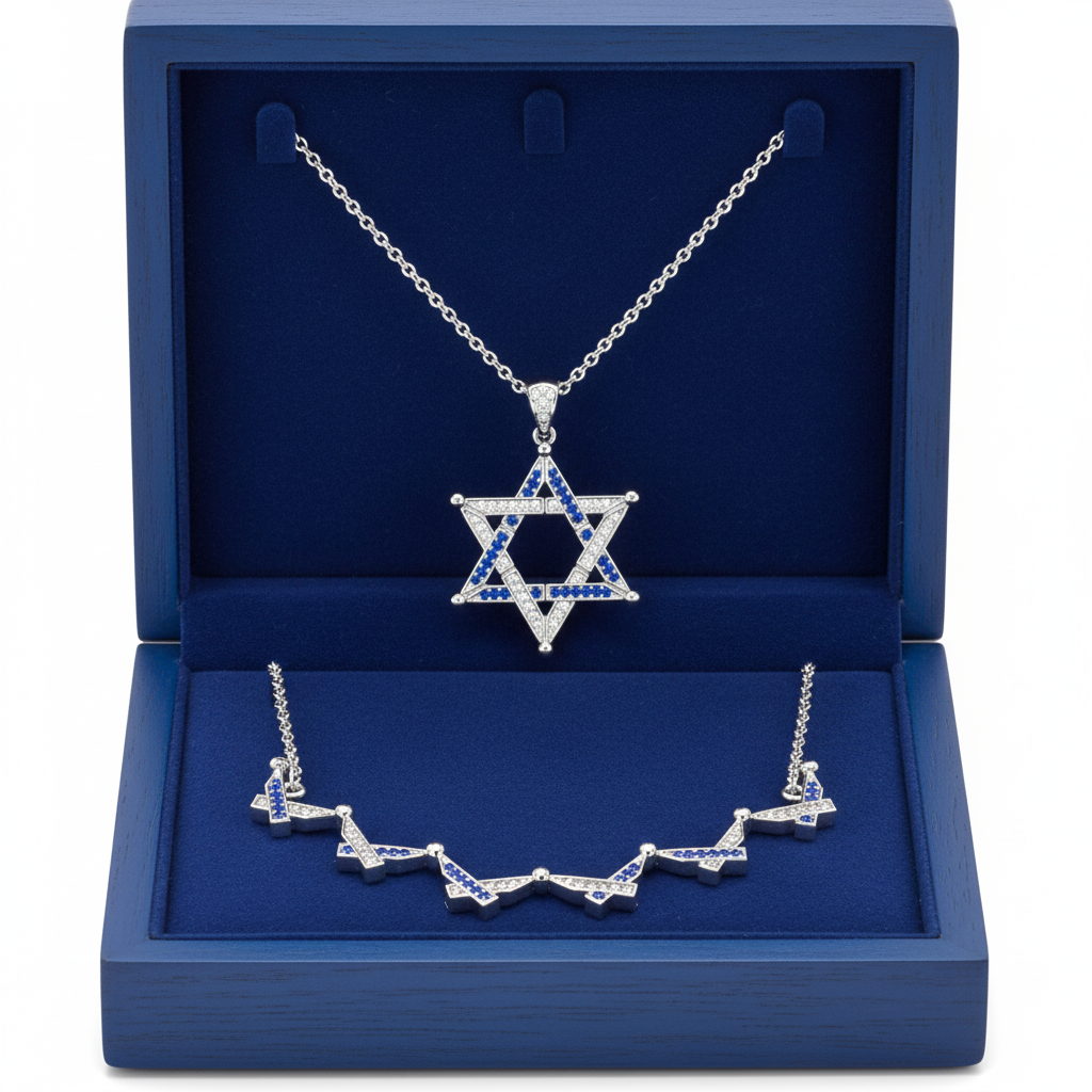 Lab Grown Diamond & Sapphire Star of David Necklace in Royal Blue Box
