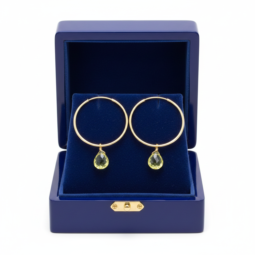 Lemon Quartz Briolette Hoop Earrings in Royal Blue Box