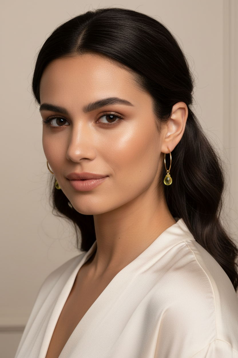 Lemon Quartz Briolette Hoop Earrings on Model