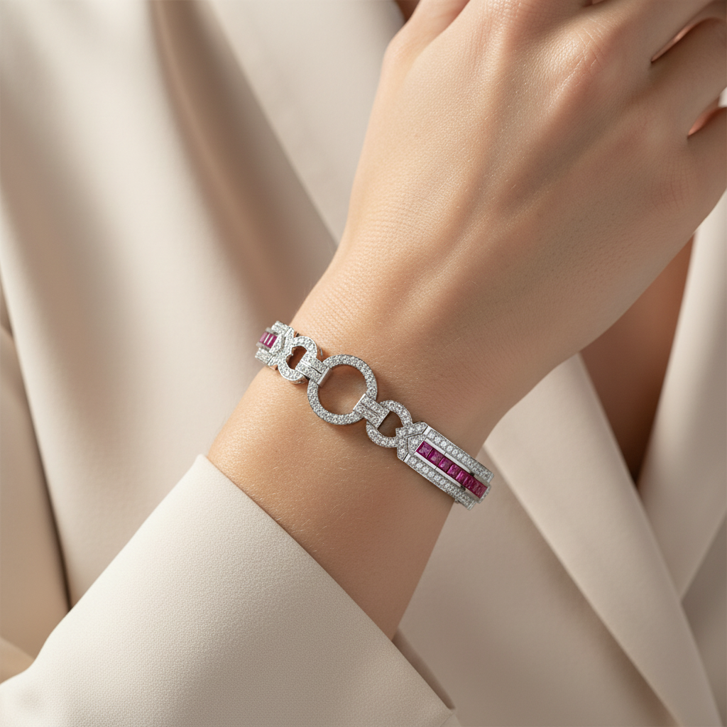 Model wearing Art Deco pink sapphire diamond bracelet