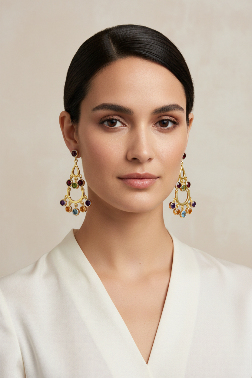 Multi-Gemstone Chandelier Earrings on Model