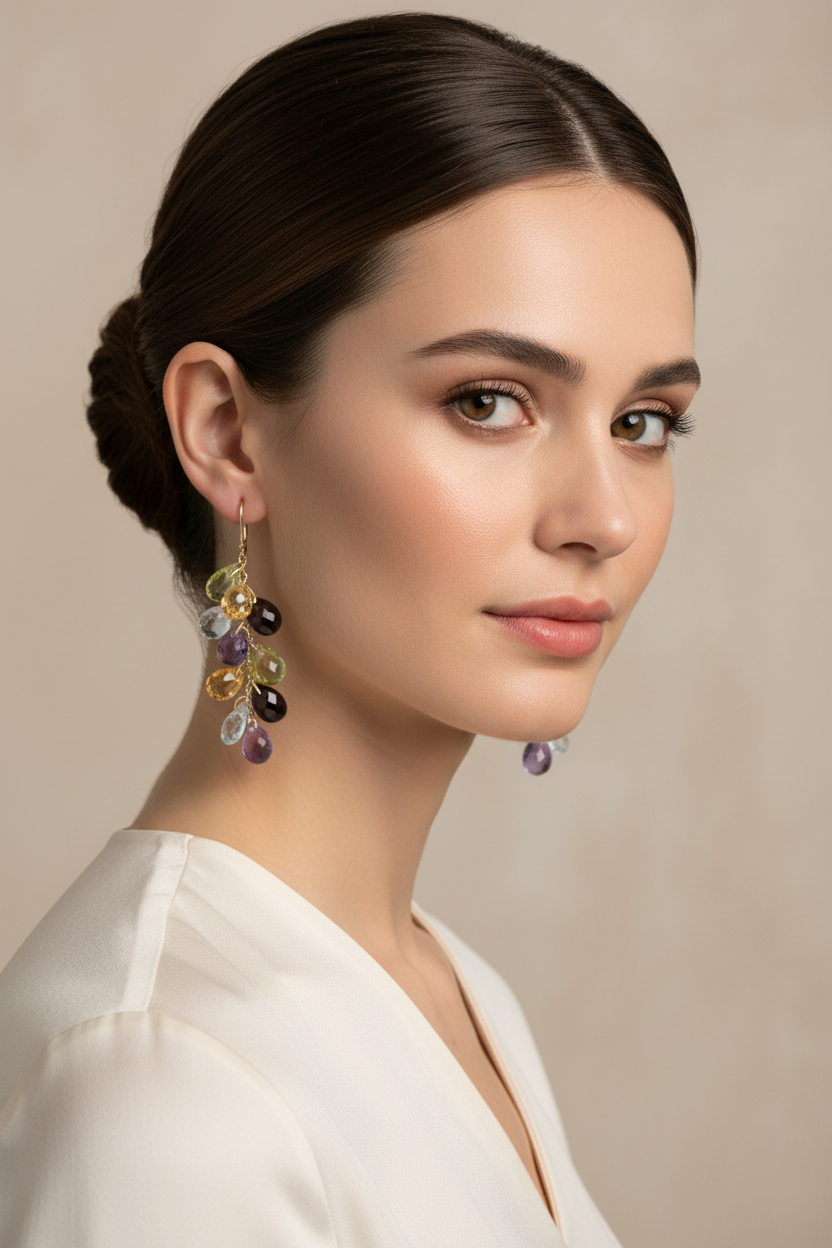 Multi-Stone Briolette Chandelier Earrings on Model