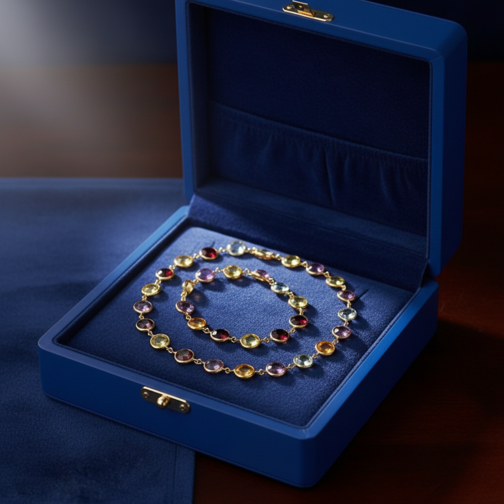 14k gold round fancy cut gemstone necklace with multicolor gemstones displayed on a JewelryNest box.