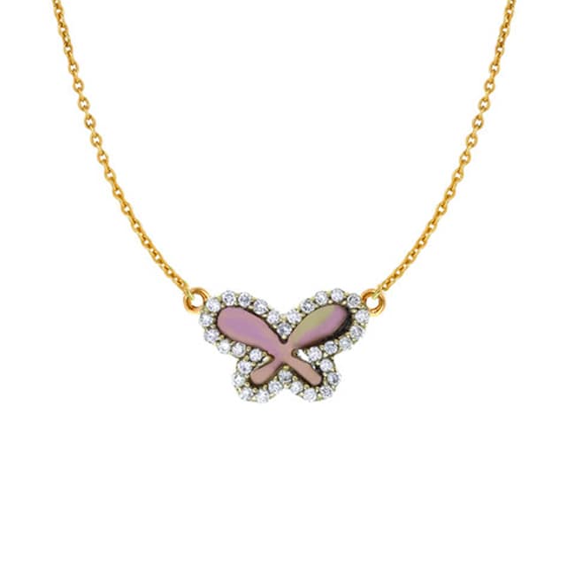 14k Gold Diamond Mother Of Pearl Butterfly Necklace (1.40.ct.tw)