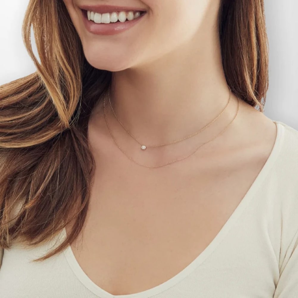 14k Bezel Round Diamond Solitaire Necklace On Woman Neck (0.15.ct.tw)