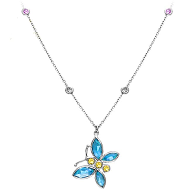 14k Solid Gold Gemstone Diamond Butterfly Necklace (4.40.cts.tw)