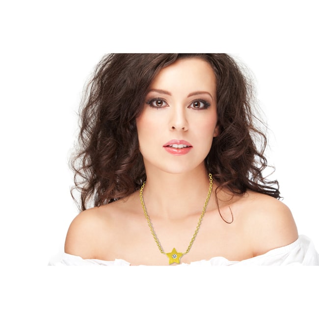 14k Solid Gold Diamond Mini Star Necklace On Woman Neck (0.02. ct. tw)