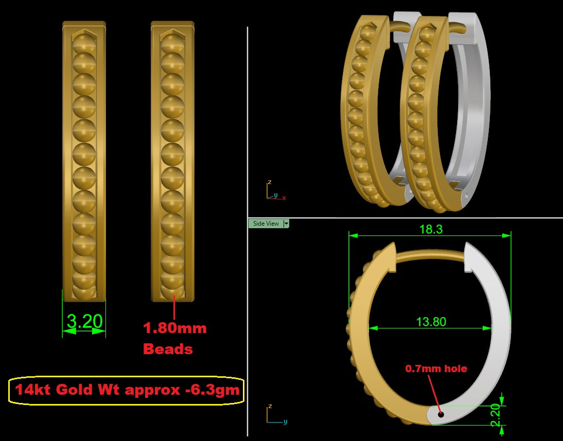 14k Solid Gold Oval Two-Tone Caviar Huggie Earrings On CAD Design (6.3.gr.tw)