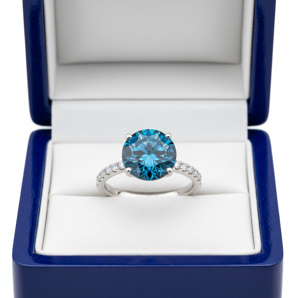 14k white gold solitaire ocean blue diamond ring with 0.90 ct tw, displayed in a royal blue wooden box.