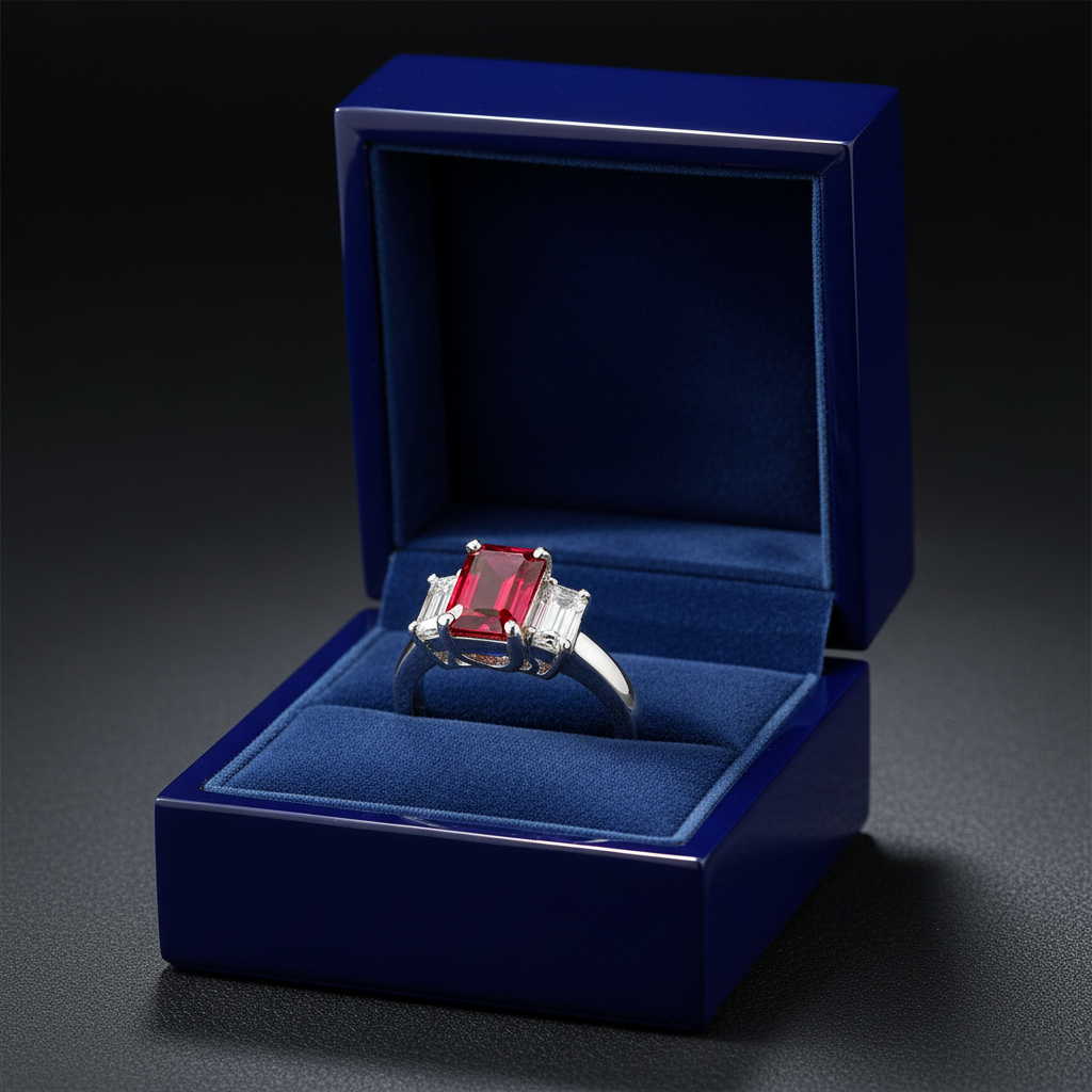 14k gold octagon ruby and diamond fashion ring with 1.60 cts total weight, displayed in a gift box.