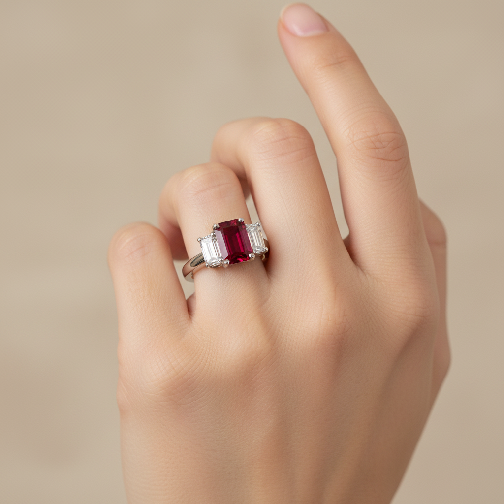 14k gold fashion ring with an octagon-shaped ruby and diamond accents, displayed on a hand.