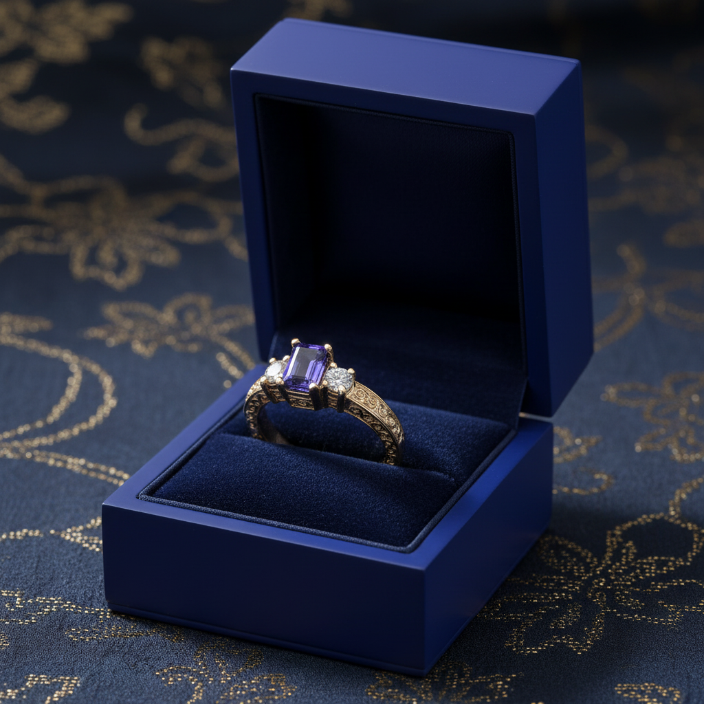 Octagon Tanzanite Diamond Ring in Gift Box