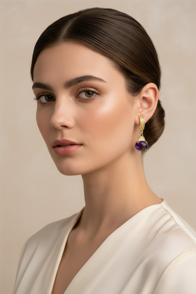 Oval Amethyst Earrings on Model