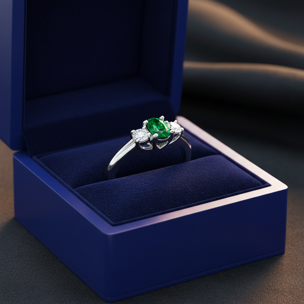 14k gold three-stone oval emerald and diamond fashion ring in a gift box, showcasing the elegant jewelry design with sparkling stones.