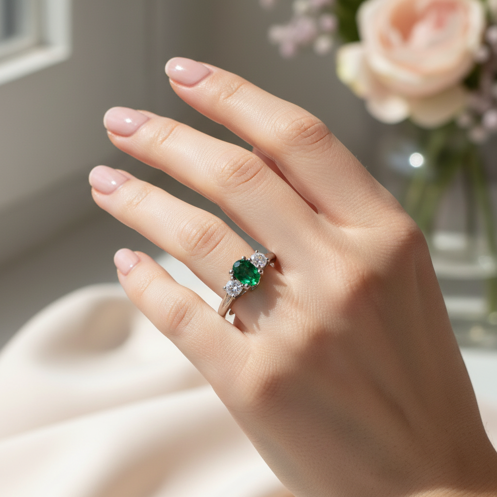 14k gold three-stone oval emerald and diamond fashion ring on a hand, showcasing elegant jewelry design.