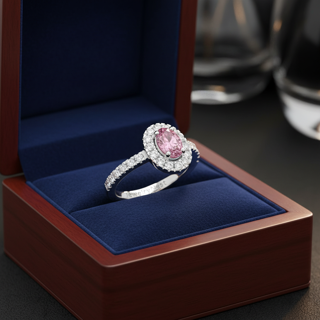 14k gold oval pink sapphire and diamond fashion ring with halo setting, displayed in a gift box.