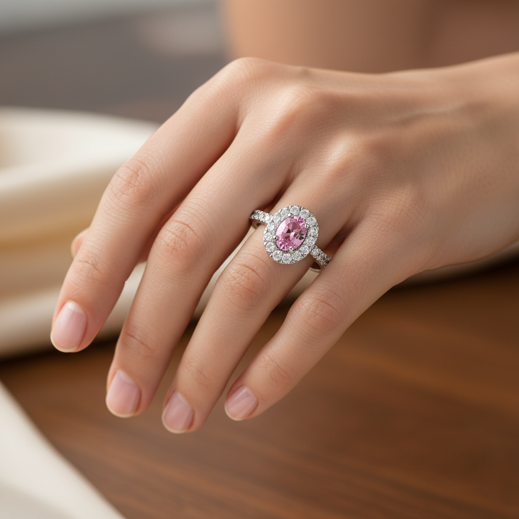 14k gold oval pink sapphire and diamond fashion ring on finger, showcasing elegant halo design and sparkling gemstones.