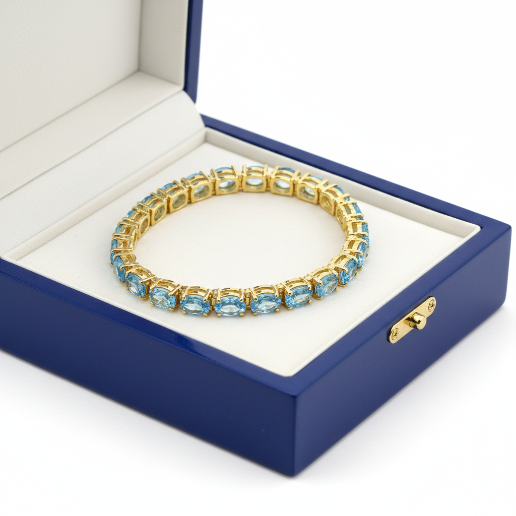 Oval Swiss Blue Topaz Tennis Bracelet in Royal Blue Wooden Box