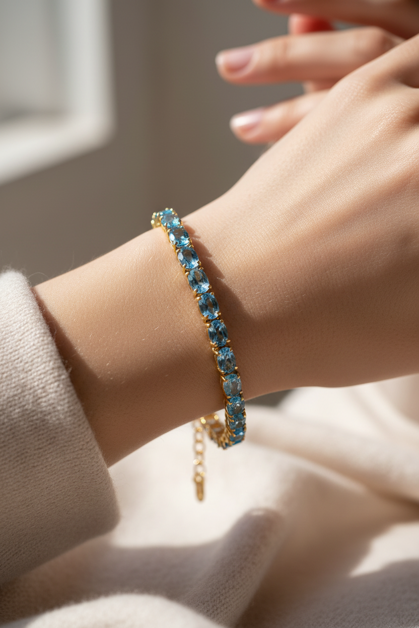 Oval Swiss Blue Topaz Tennis Bracelet on Model