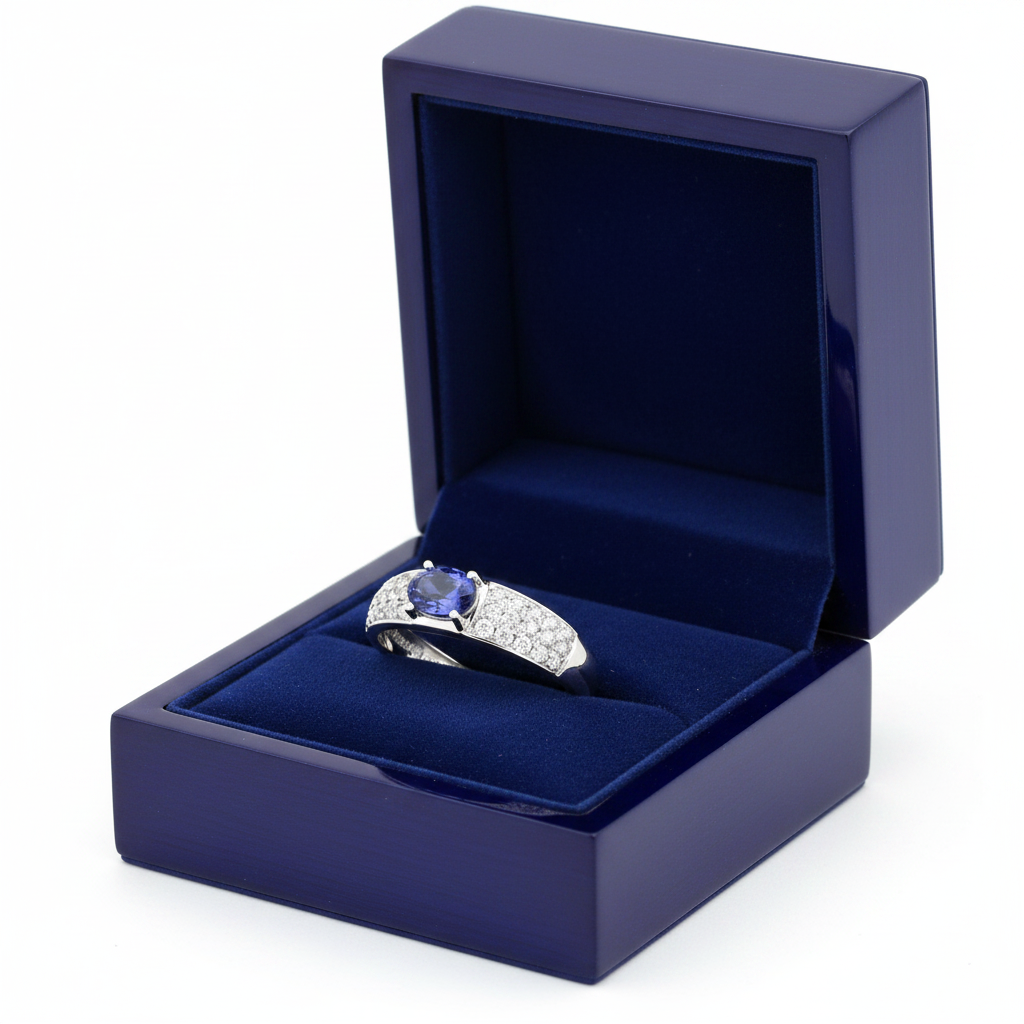 14k gold oval tanzanite and diamond fashion ring with 1.75 cts tw, displayed in a royal blue gift box.