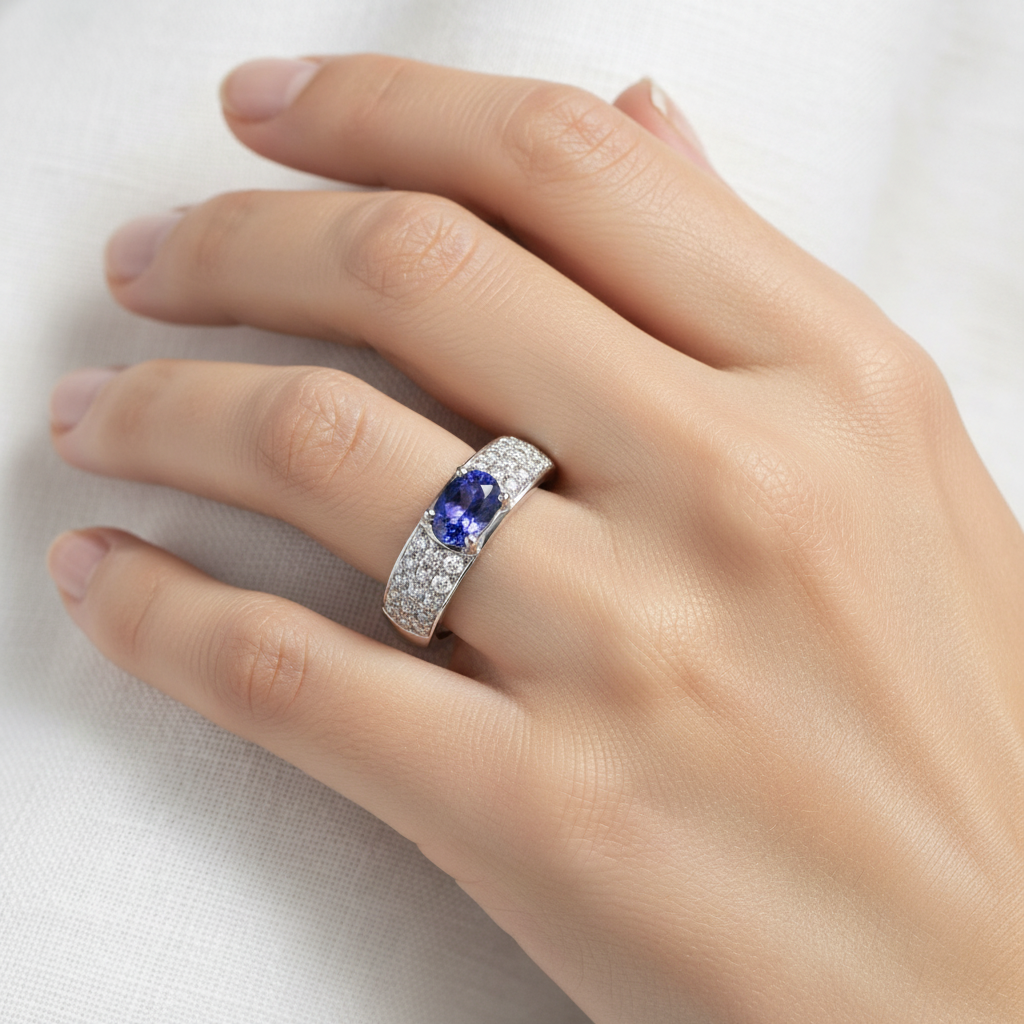 14k gold oval tanzanite and diamond fashion ring with 1.75 carats tw, worn on a model's finger, showcasing elegant jewelry design.