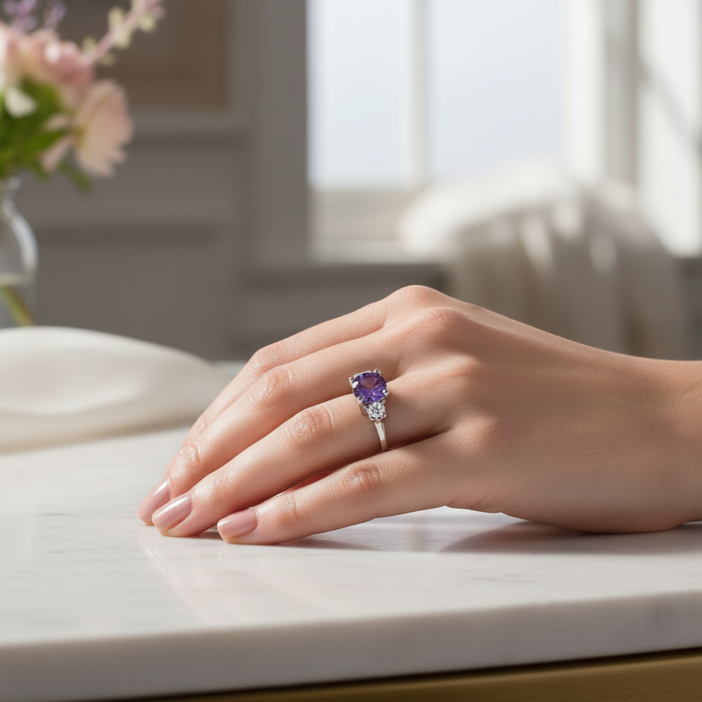 14k gold oval Tanzanite and diamond fashion ring on hand, showcasing elegant jewelry with 1.32 carats total weight.