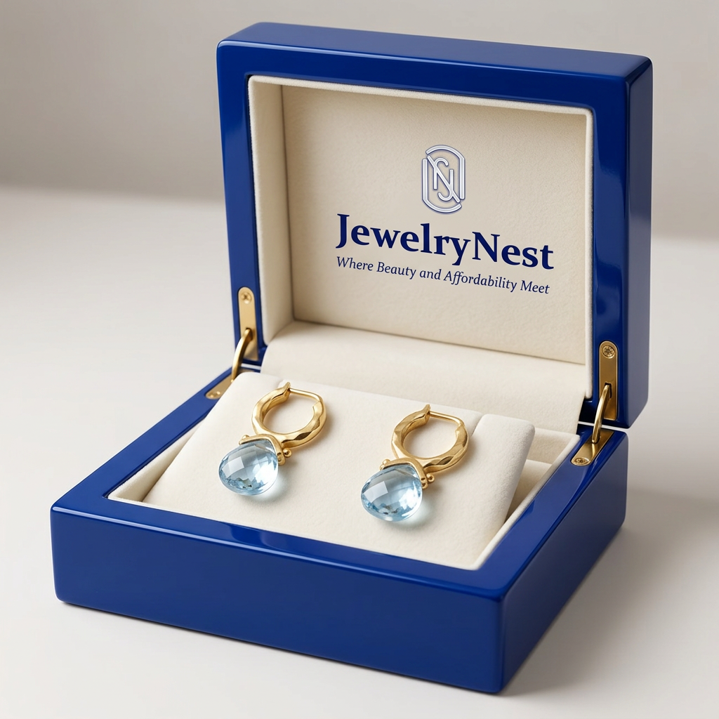 Pale-blue gemstone hoop earrings in a royal-blue wooden box with the JewelryNest logo