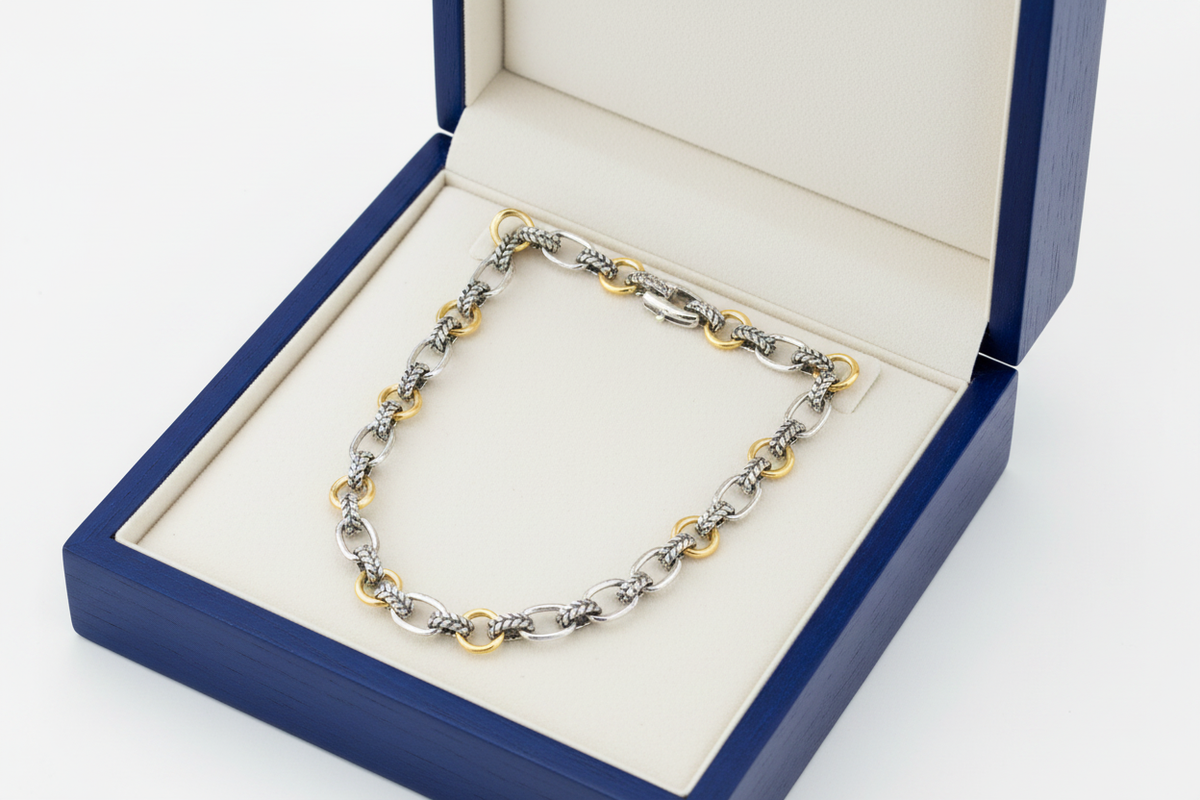 Paperclip Cable Link Necklace 18k Gold & Sterling Silver in Royal Blue Wooden Box