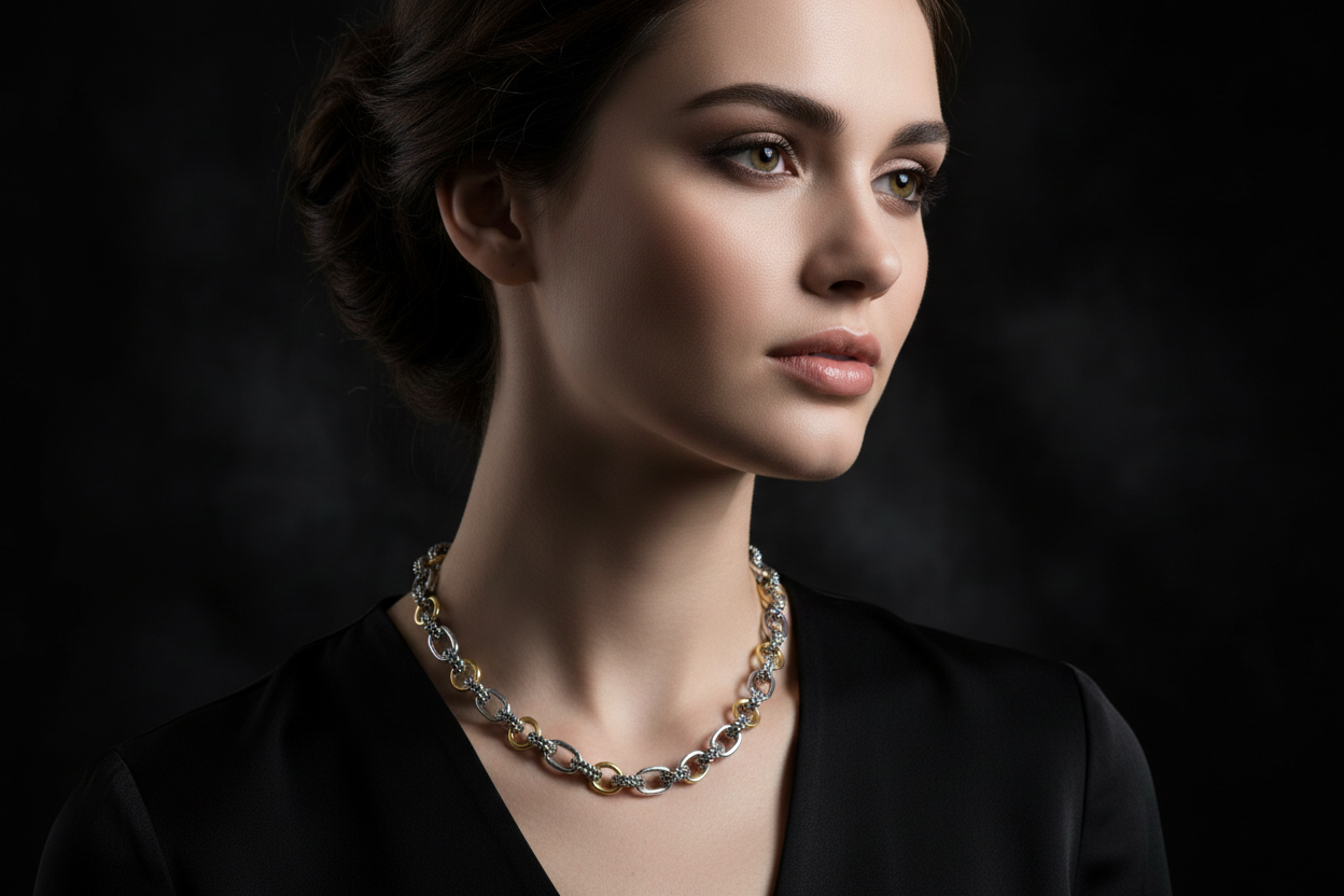 Paperclip Cable Link Necklace 18k Gold & Sterling Silver on Model