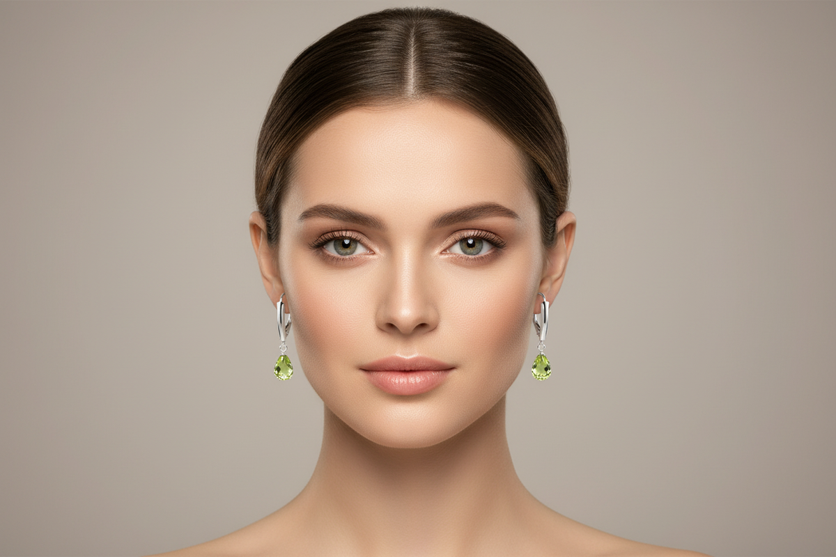 Peridot Briolette Earrings on Model