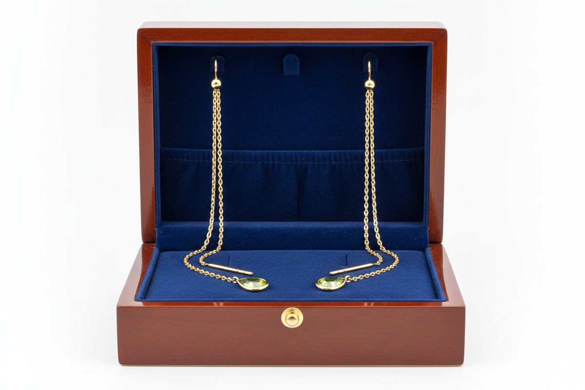 Peridot Threader Chain Earrings in Wooden Royal Blue Box