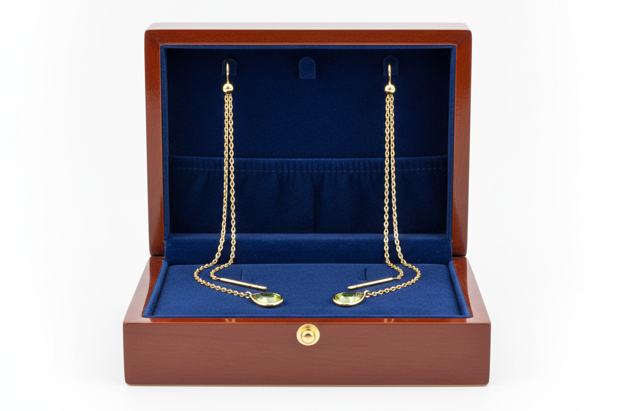Peridot Threader Chain Earrings in Wooden Royal Blue Box