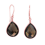 Rose Silver Checkerboard Smoky Topaz Dangle Tear-Drop Earrings (7.0.cts.tw)
