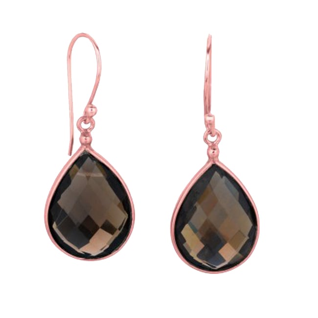 Rose Silver Checkerboard Smoky Topaz Dangle Tear-Drop Earrings (7.0.cts.tw)